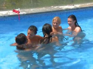 Five lesbian teens by the pool